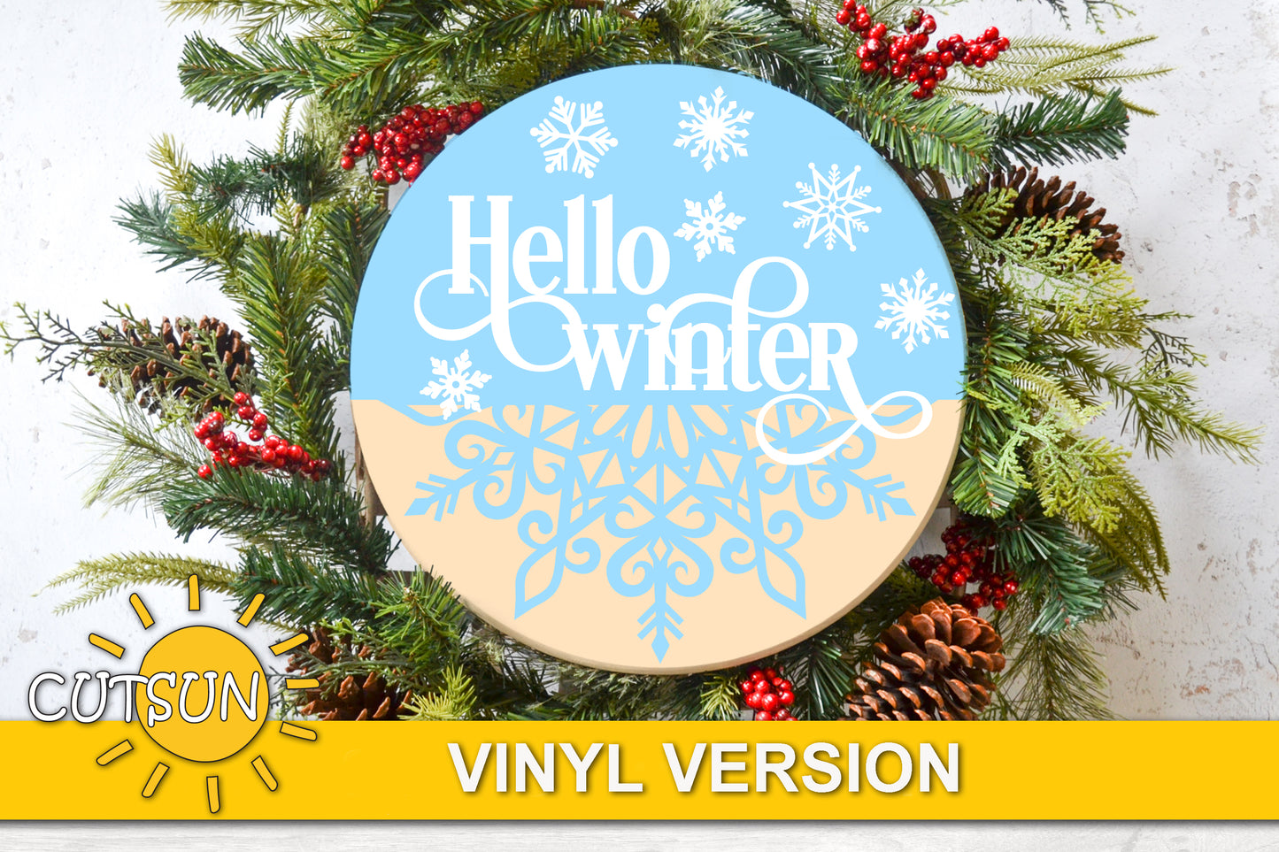 Winter Door Hanger SVG | Hello Winter Snowflake Welcome Sign | Christmas Door Sign Laser Cut File