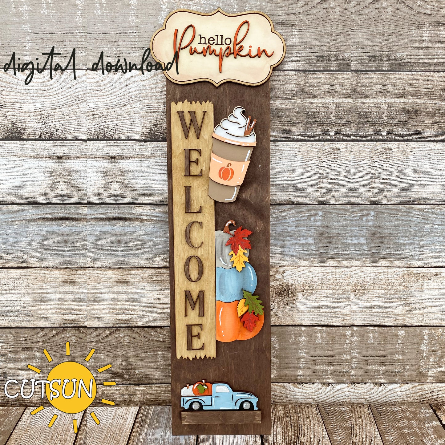 Hello Pumpkin SVG Add-On with latte, pumpkins, leaves, and farmhouse truck – laser cut fall porch sign for vertical leaners