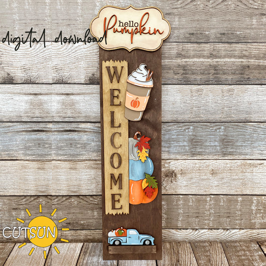 Hello Pumpkin SVG Add-On with latte, pumpkins, leaves, and farmhouse truck – laser cut fall porch sign for vertical leaners