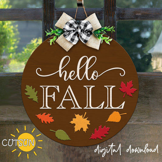 Digital download for a round door hanger featuring fall leaves and the text hello FALL in a nice font combo.