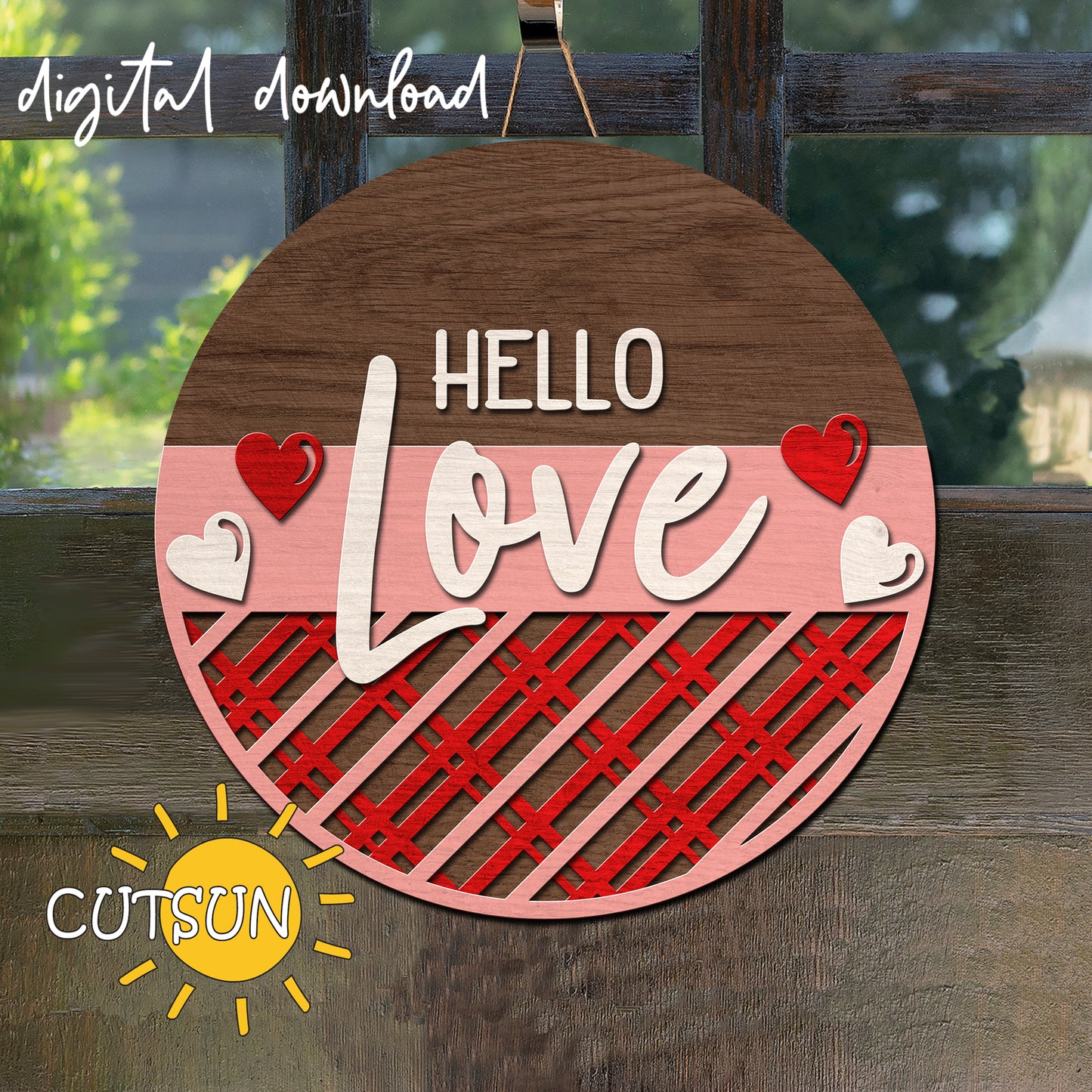 Decorative sign with 'Hello Love' text on a wooden background