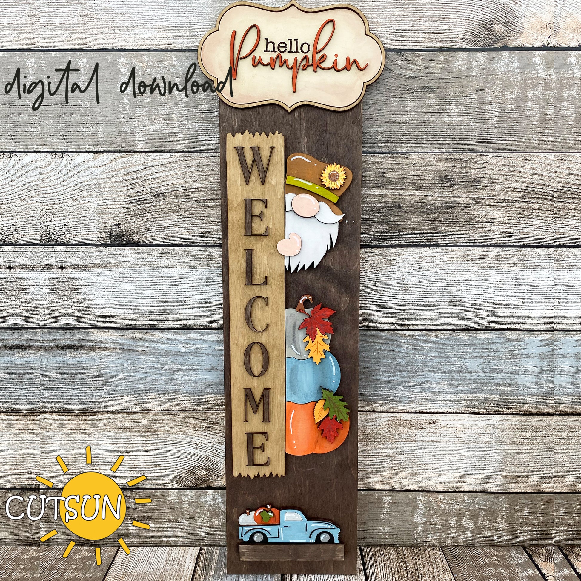 Fall porch sign SVG with Hello Pumpkin plaque, scarecrow gnome, stacked pumpkins, and farmhouse truck – laser cut design for vertical leaner