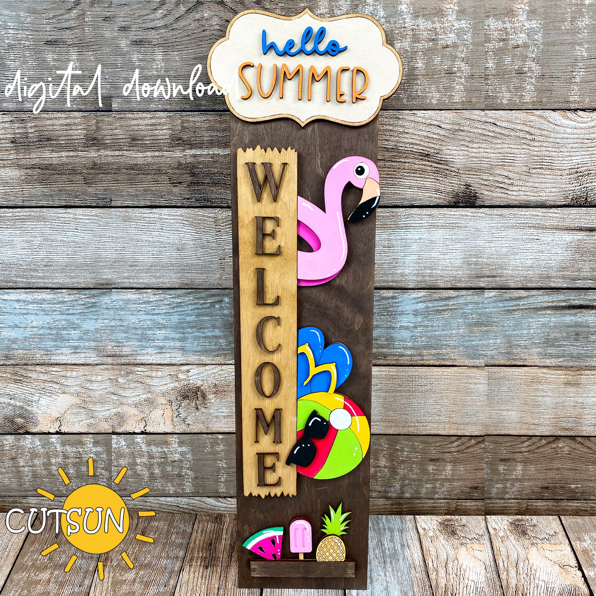 Hello Summer porch sign SVG with flamingo float, sunglasses, flip-flops, watermelon, and popsicle – digital cut file with free vertical leaner base.