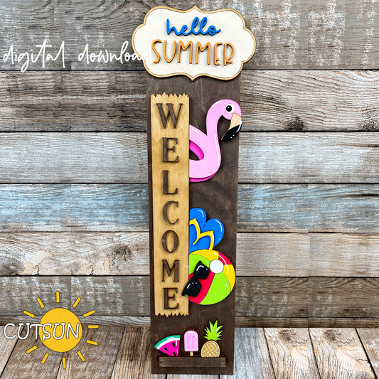 Hello Summer porch sign SVG with flamingo float, sunglasses, flip-flops, watermelon, and popsicle – digital cut file with free vertical leaner base.