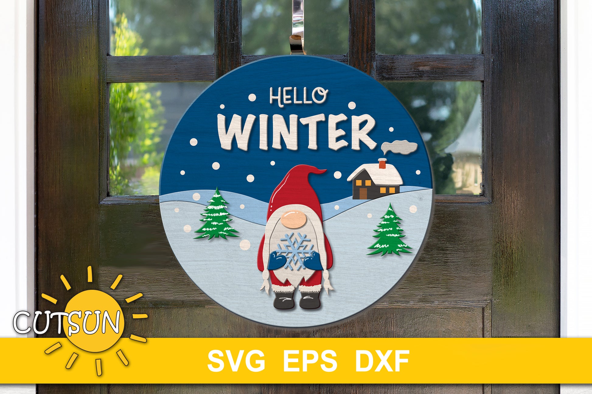 Gnome holding a snowflake on a winter scene with two trees and a small house and the words Hello Winter - svg digital download