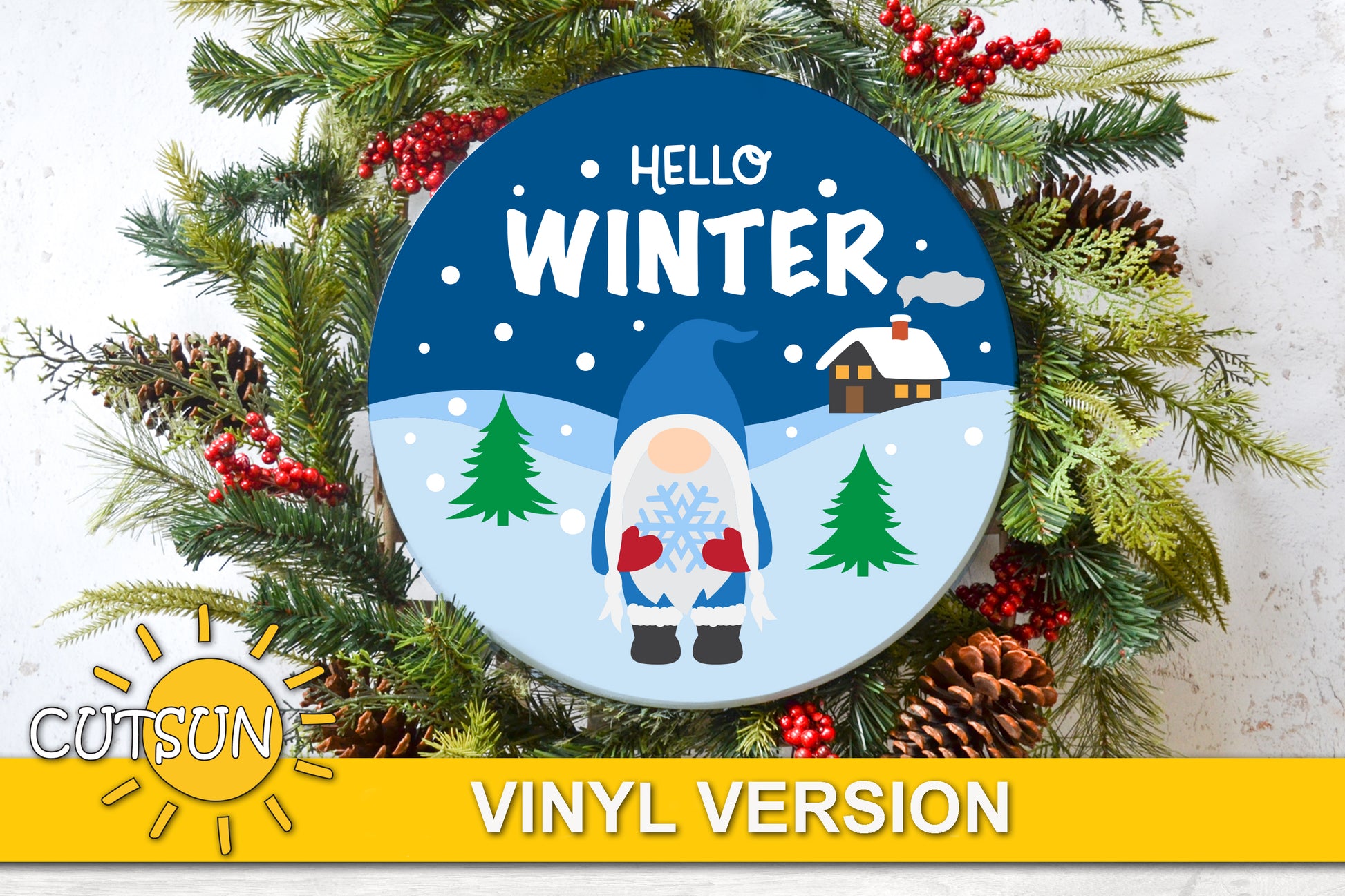 Gnome holding a snowflake on a winter scene with two trees and a small house and the words Hello Winter - svg digital download