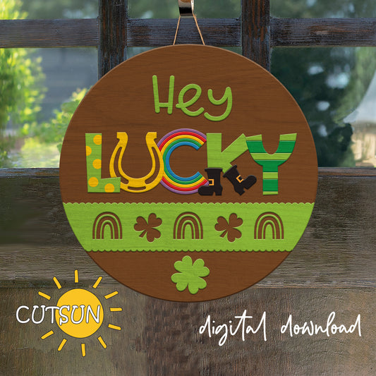 St Patrick’s Day Door Hanger SVG | Hey Lucky Door Sign SVG | St Patrick’s Front Door Sign SVG | Shamrock Welcome Sign Laser Cut File