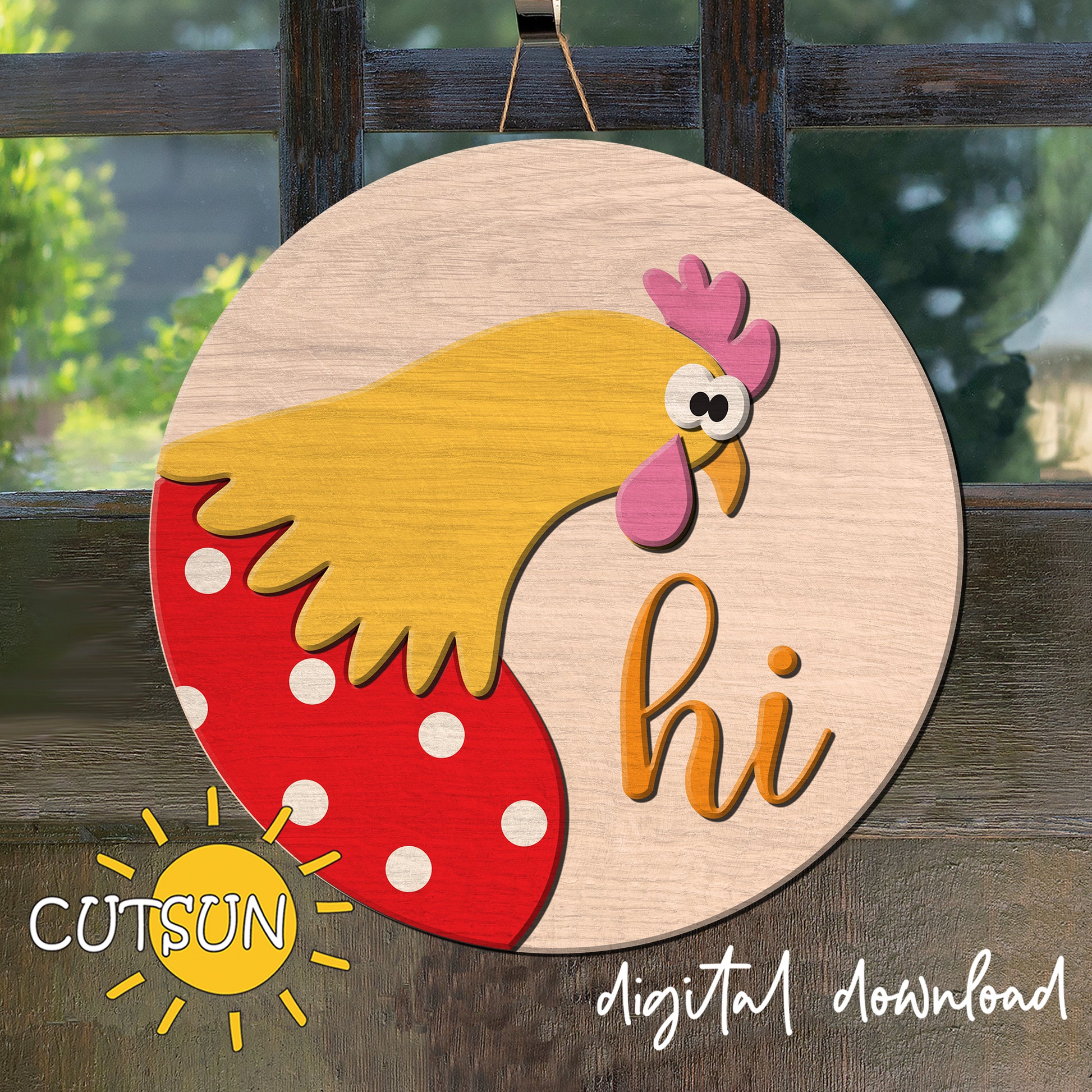 Wooden plaque with a cartoon rooster and 'hi' text on a wooden background, featuring the brand 'CUTSUN'.