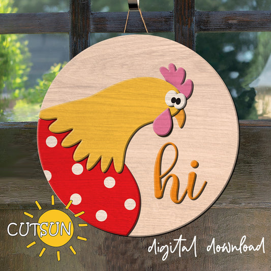 Wooden plaque with a cartoon rooster and 'hi' text on a wooden background, featuring the brand 'CUTSUN'.