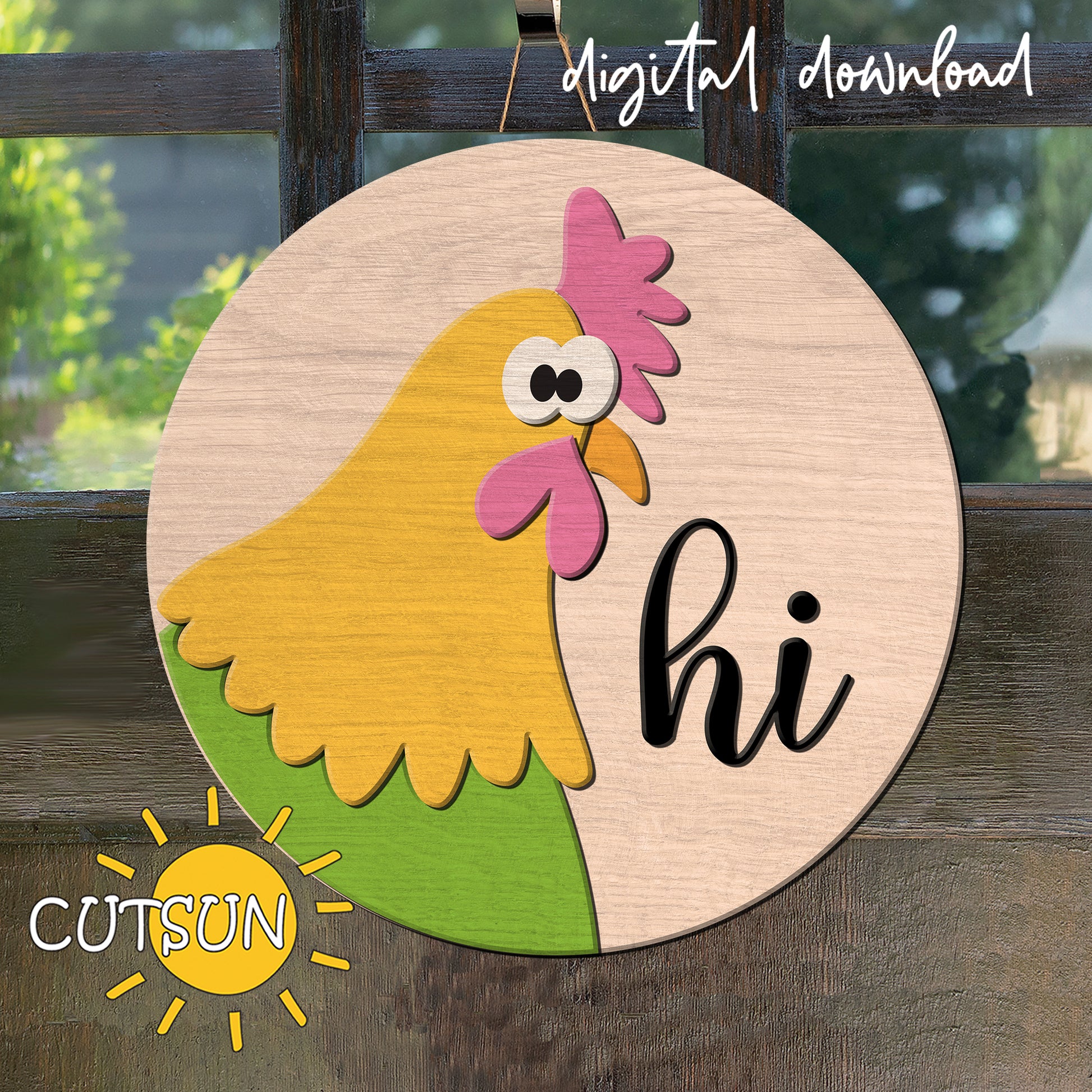 Wooden circular sign with a cartoon rooster and 'hi' text, branded 'CUTSUN', on a wooden background.