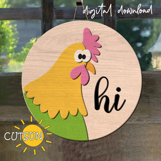 Wooden circular sign with a cartoon rooster and 'hi' text, branded 'CUTSUN', on a wooden background.