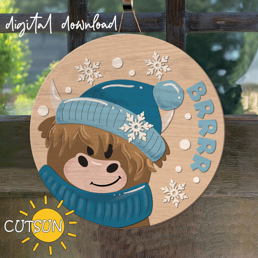A digital illustration of a Highland cow wearing a blue pom-pom hat surrounded by snowflakes, with the word 'Brrrr' written at the top, indicating a winter theme. The image has a 'Digital Download' label and is marked with a 'Cutsun' logo at the bottom.