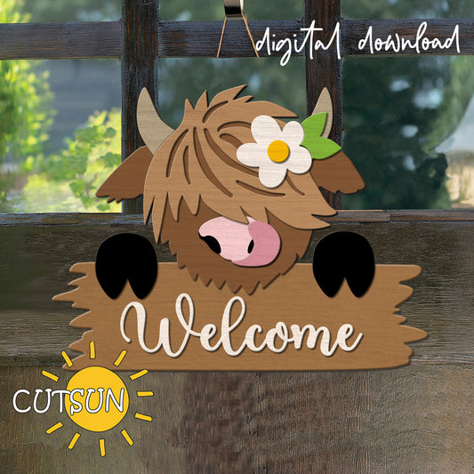 Wooden sign with a cow design and 'Welcome' text, featuring the brand 'CUTSUN'.