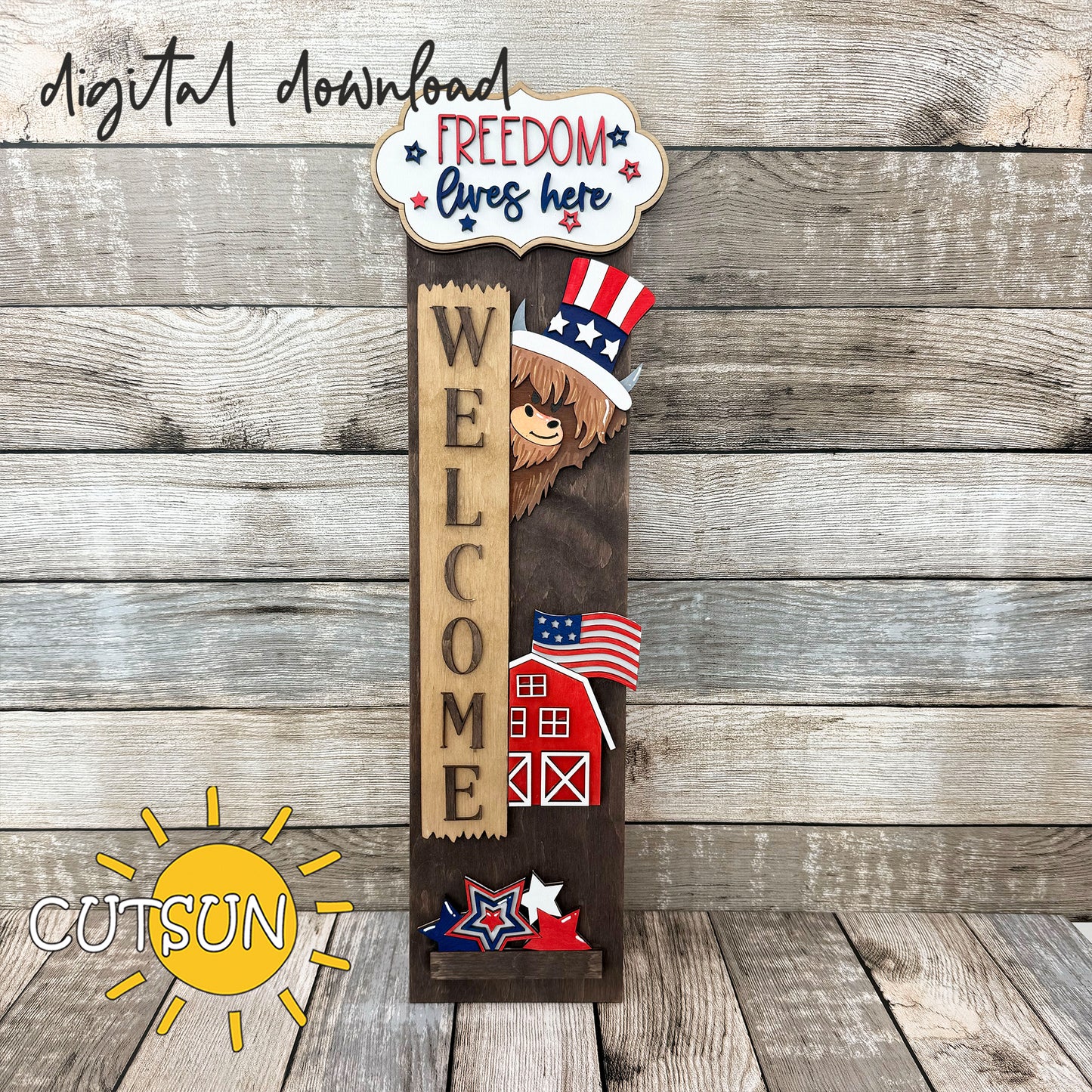 4th of July Cow Add-On SVG for Vertical Porch Leaner – Highland & Dairy Cow Laser Cut File