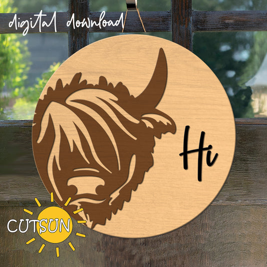 Digital download for a door hanger featirung a stylized image of a highland cow and the text Hi.