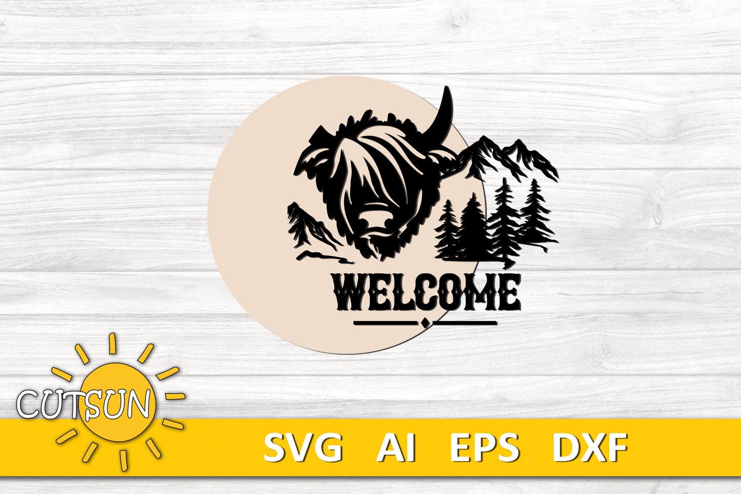 Highland Cow and Mountains Door Hanger SVG | Farmhouse Welcome Sign | Laser Cut File for Rustic Home Decor