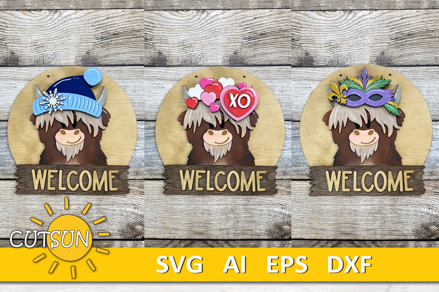 Highland Cow Door Hanger SVG | Round Interchangeable Sign Base File | Welcome Sign Laser Cut File