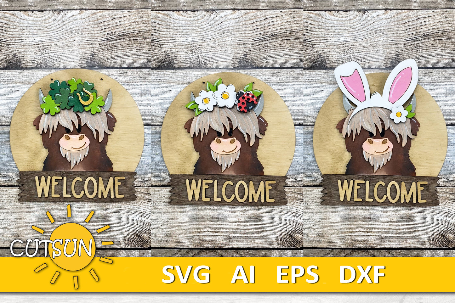 Highland Cow Door Hanger SVG | Round Interchangeable Sign Base File | Welcome Sign Laser Cut File