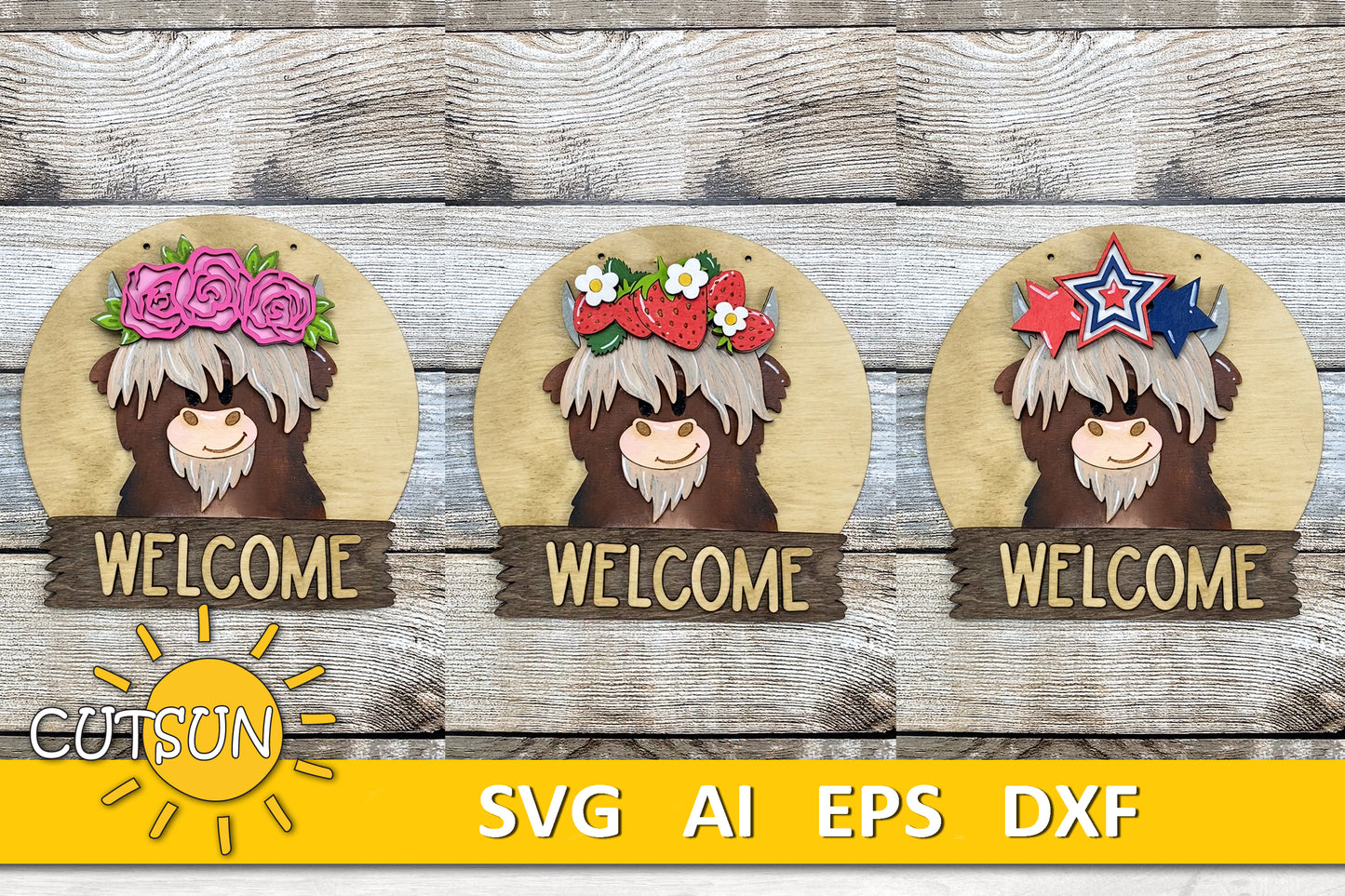 Highland Cow Door Hanger SVG | Round Interchangeable Sign Base File | Welcome Sign Laser Cut File