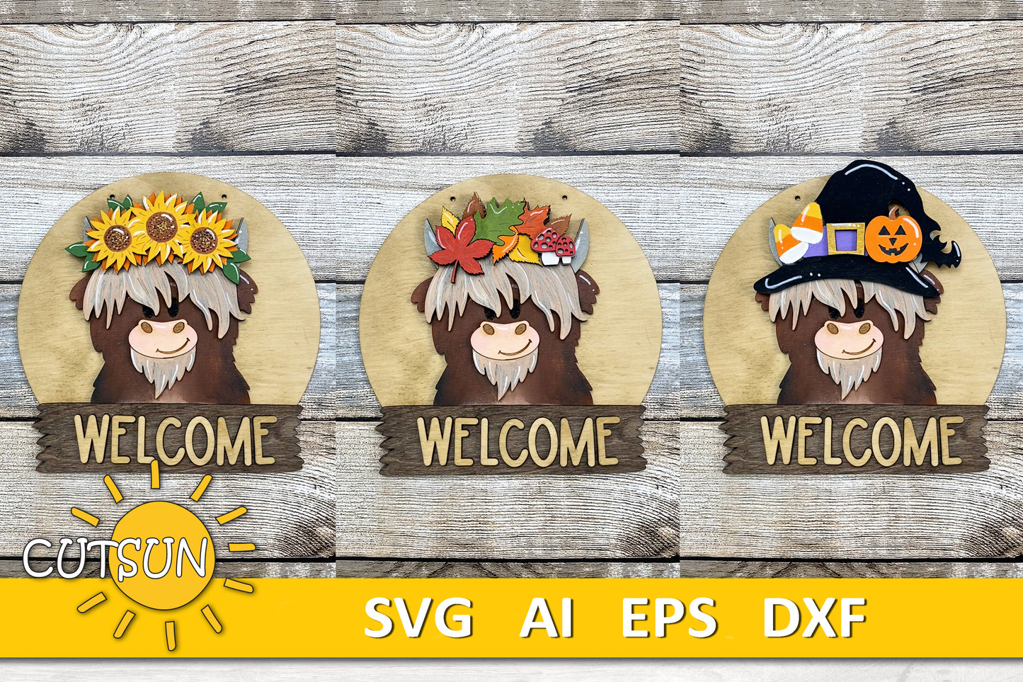 Highland Cow Door Hanger SVG | Round Interchangeable Sign Base File | Welcome Sign Laser Cut File