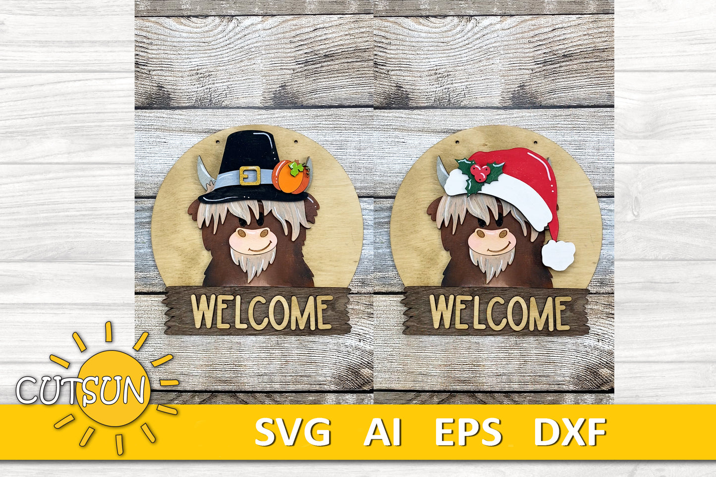 Highland Cow Door Hanger SVG | Round Interchangeable Sign Base File | Welcome Sign Laser Cut File