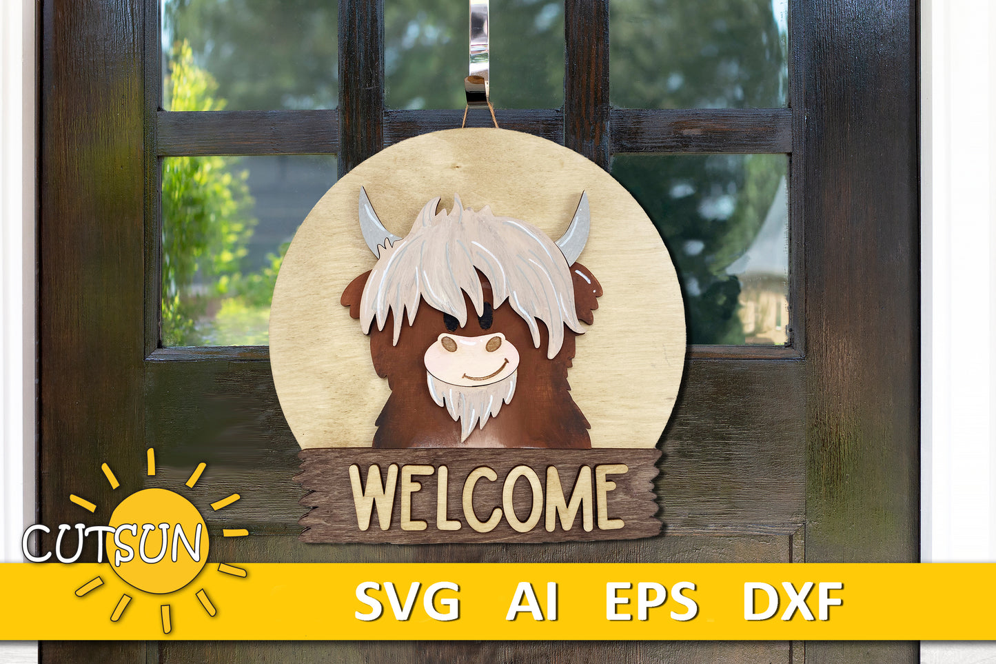 Highland Cow Door Hanger SVG | Round Interchangeable Sign Base File | Welcome Sign Laser Cut File