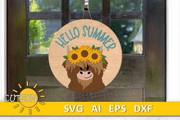 Hello summer Sunflowers door hanger svg  Highland Cow door sign SVG Sunflower svg Glowforge svg Laser cut file Cricut SVG