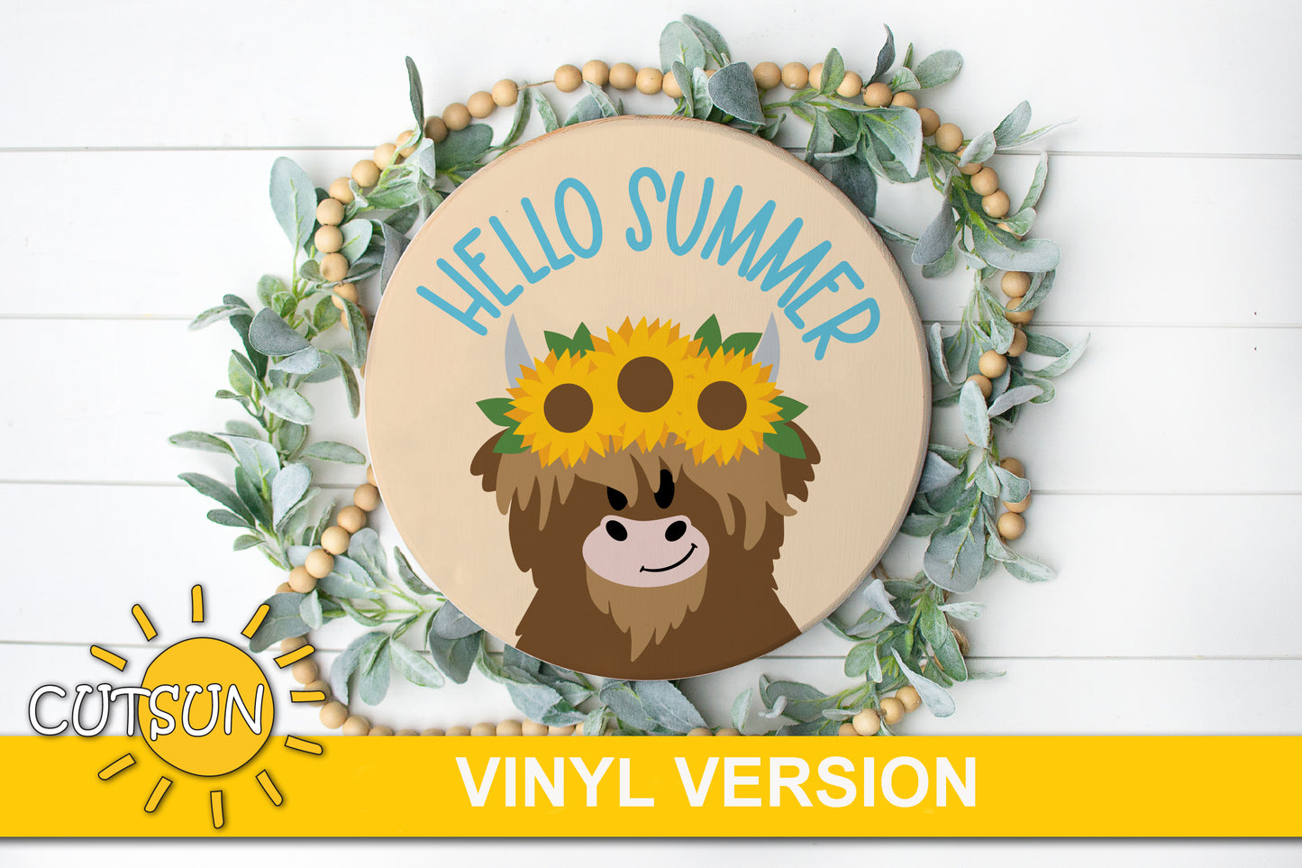 Hello summer Sunflowers door hanger svg Highland Cow door sign SVG Sunflower svg Glowforge svg Laser cut file Cricut SVG