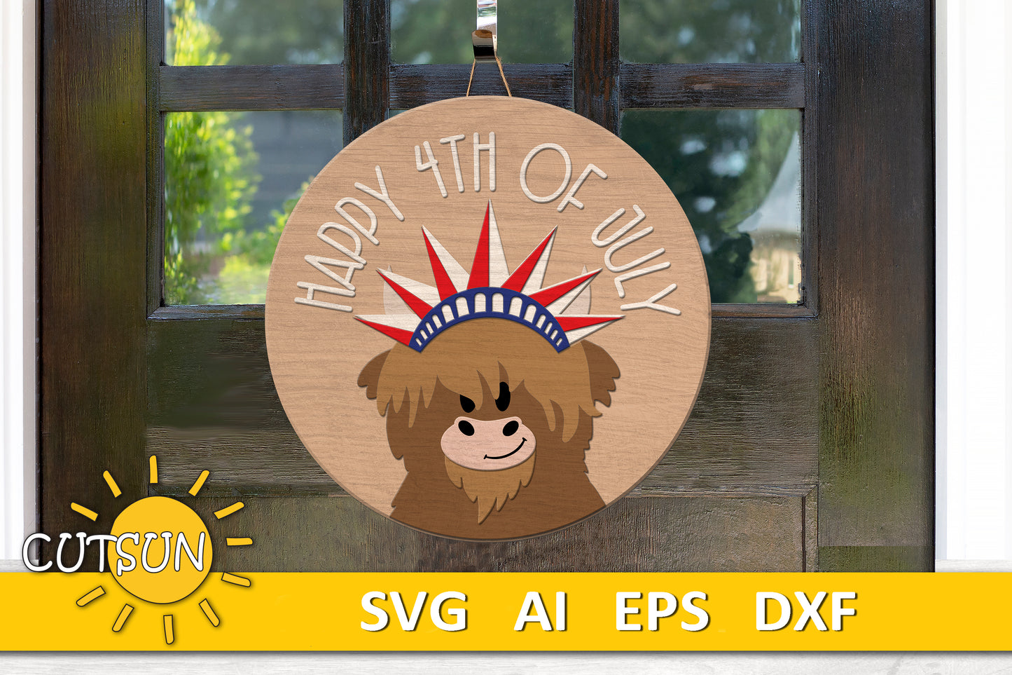 Happy 4th of July door hanger svg Patriotic Highland cow door sign SVG Statue of Liberty crown svg Glowforge svg Laser cut file Cricut SVG (Copy)