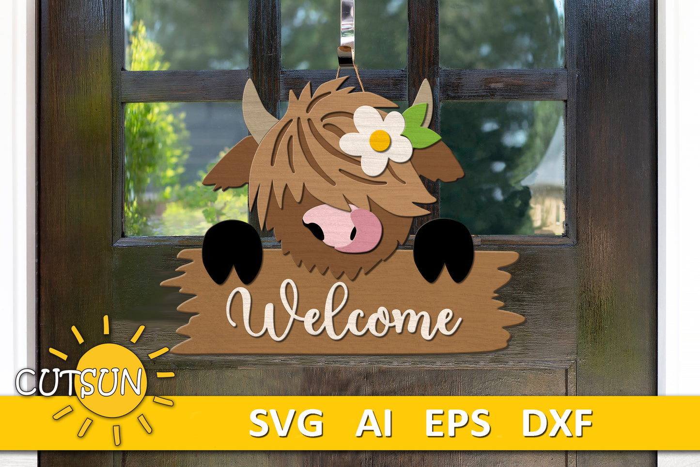 Cute Highland cow door hanger SVG Farmhouse door hanger svg Highland cow svg Glowforge SVG Laser cut file