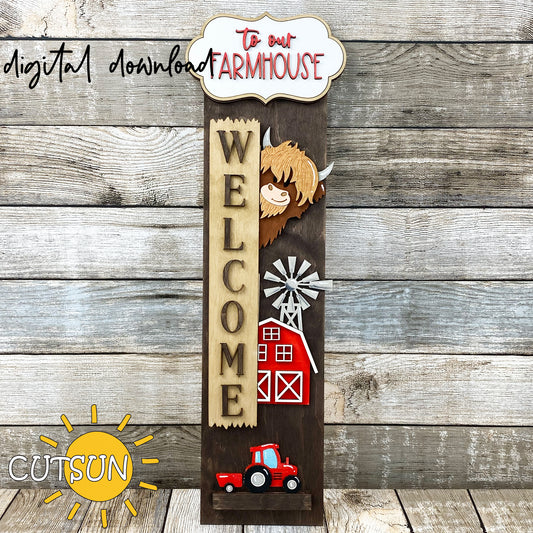 Farmhouse Highland cow porch sign SVG with tractor, barn, and windmill – laser cut file with interchangeable vertical leaner base.