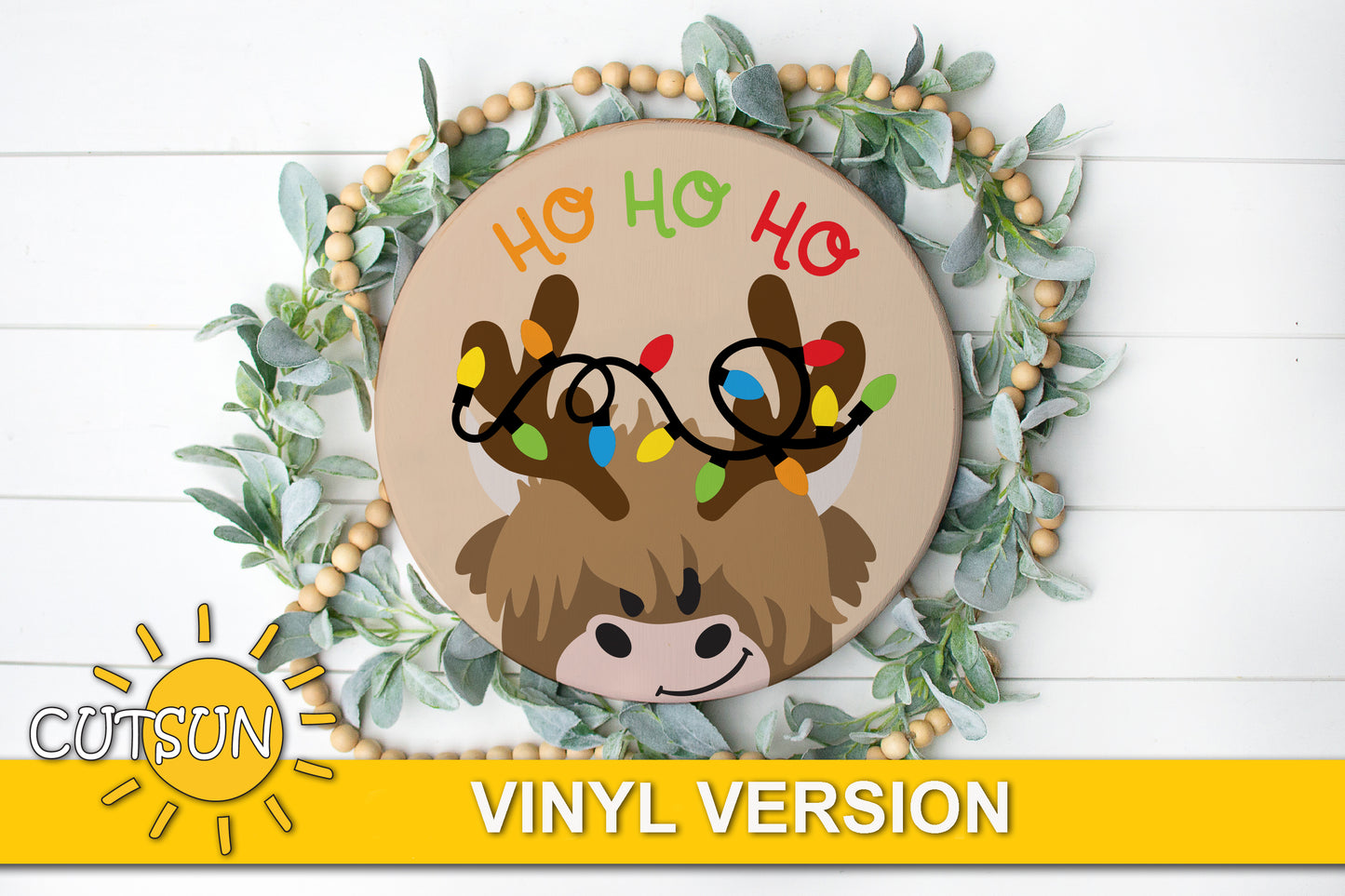Highland Cow Ho Ho Ho Door Hanger SVG Christmas lights door hanger SVG