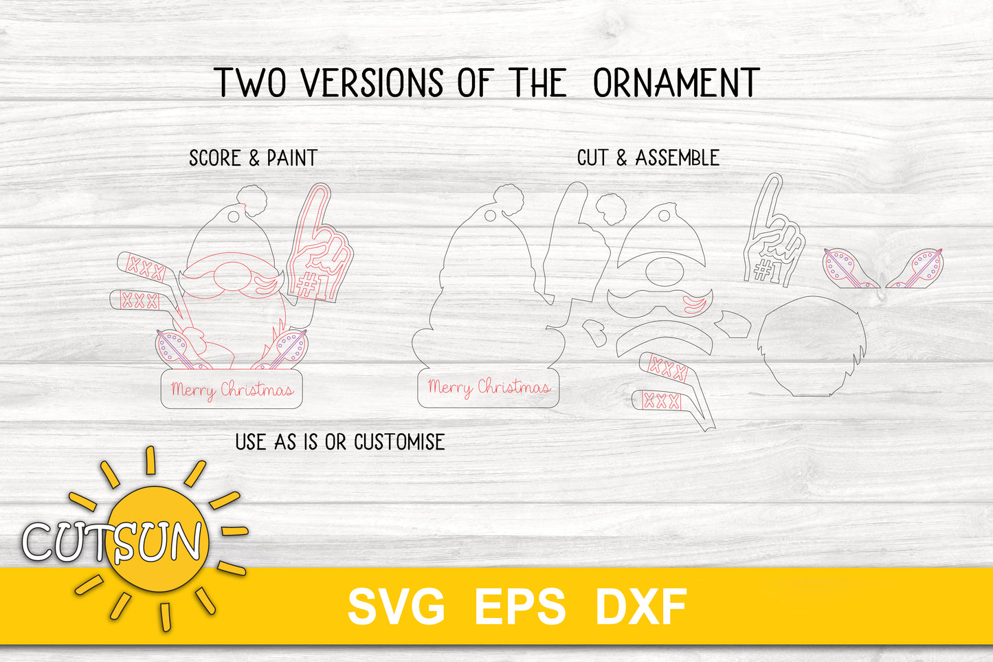 SVG digital download for use with laser cutters featuring a Hockey gnome Christmas ornament
