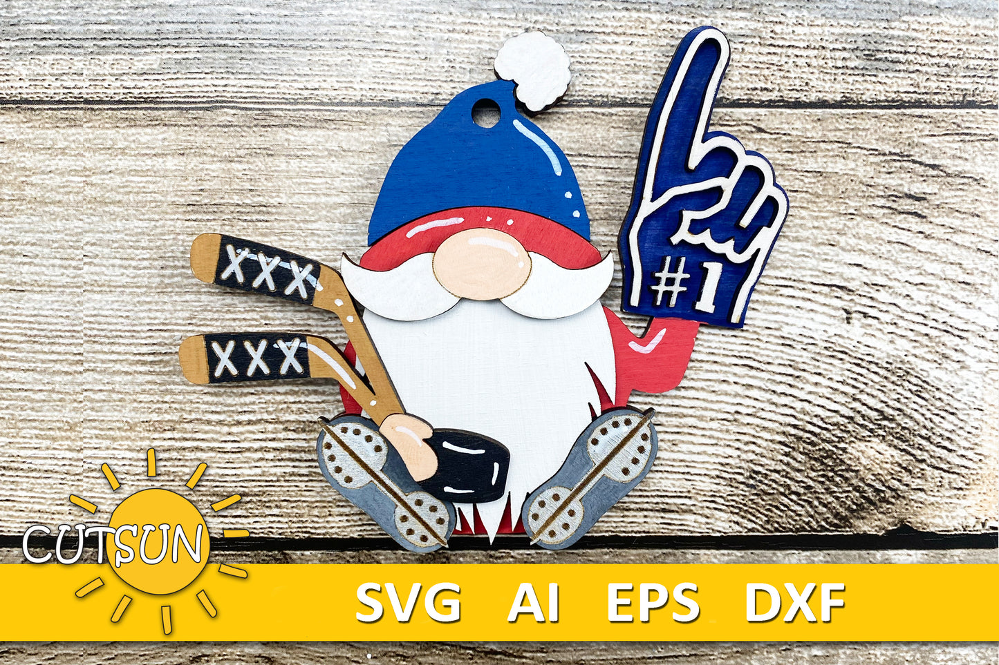 Hockey Gnome SVG | Hockey Ornament Laser Cut File | Gnome Car Charm & Christmas Ornament SVG