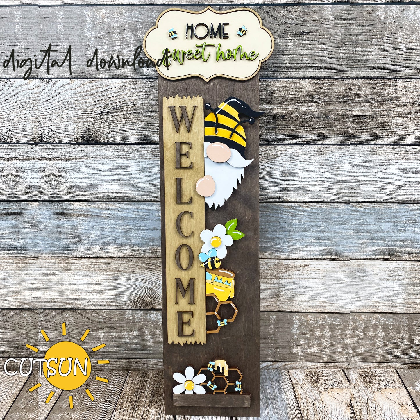 Laser cut summer porch sign SVG with bee gnome, “Home Sweet Home” plaque, honey pot, daisy, bees, and honeycomb – interchangeable with leaner base.