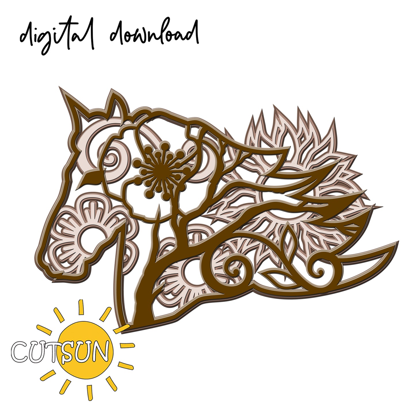 Decorative horse head design with intricate patterns, brand 'CUTSUN' visible.