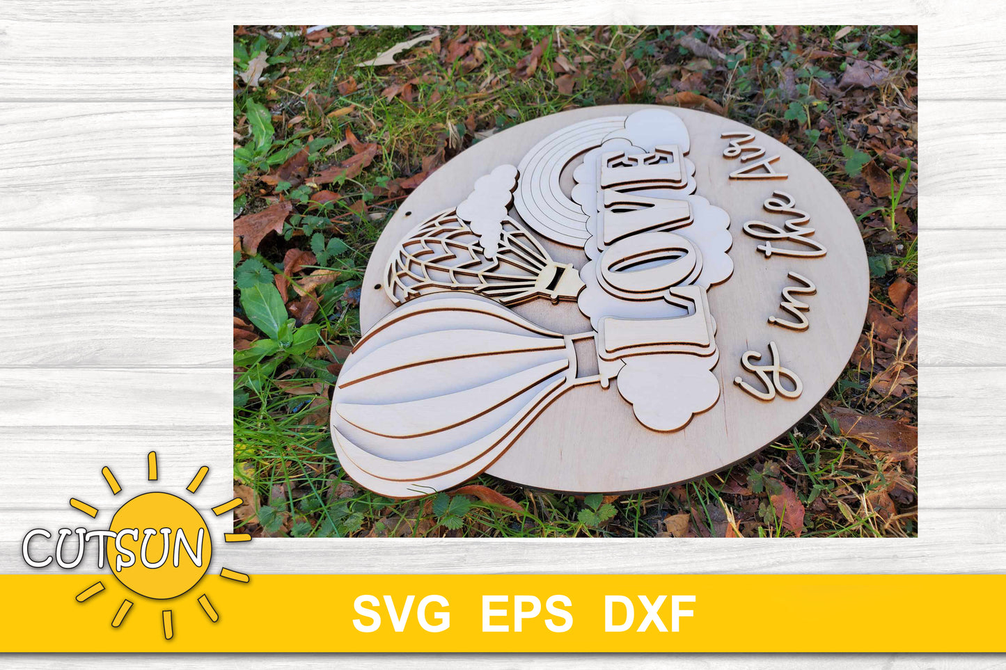 SVG digital download for a door hanger featuring two hot air balloons, a rainbow and the words "Love is in the air"