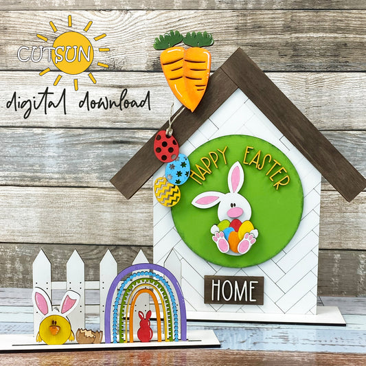 Easter Add-On SVG for Interchangeable Shelf Decor | House & Fence Set SVG | Happy Easter Bunny Laser Cut File