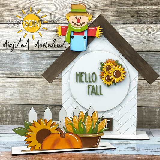 Hello Fall Add-On SVG for Interchangeable House & Fence Shelf Decor | Scarecrow SVG | Autumn Mini Sign | Fall Shelf Decor Laser Cut File