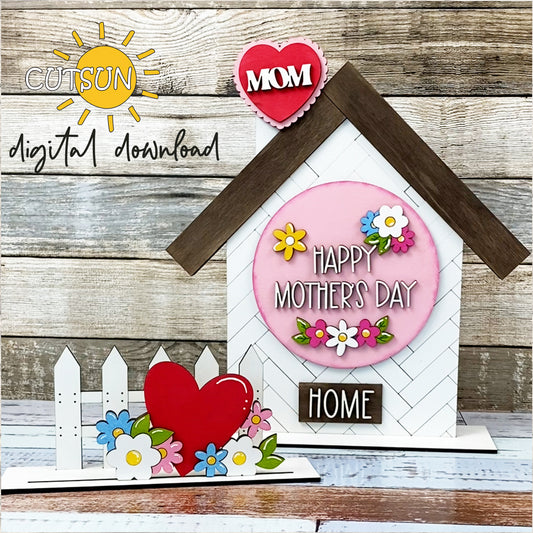 Digital download for a decorative house and fence set shelf sitters featuring the Mother's day add-on with flowers and hearts.