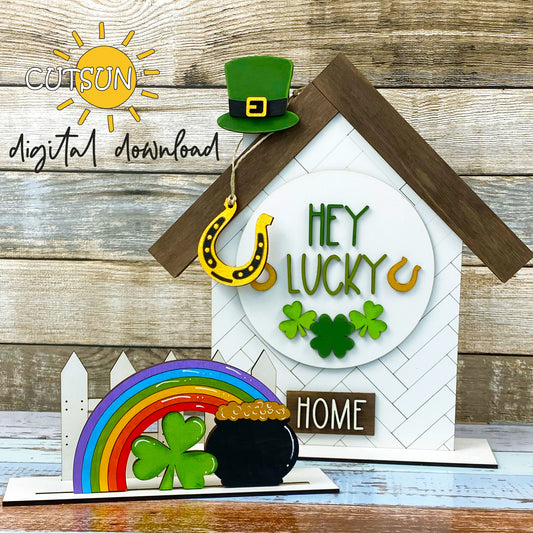 A digital download image showing a set of St. Patrick's Day themed decorations for a interchangeable house and fence shelf sitter.