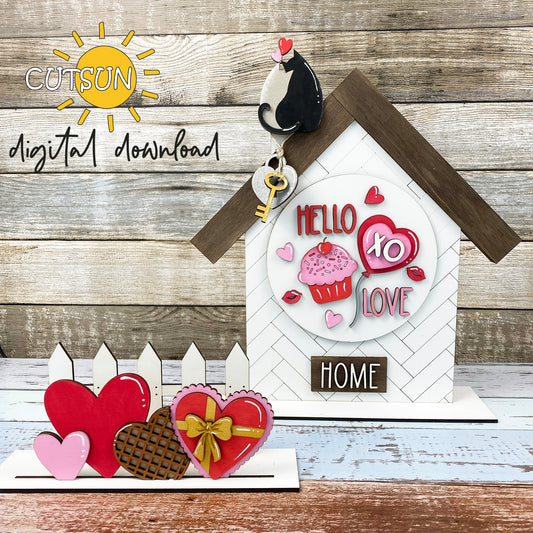 Valentine’s Day Add-On SVG for laser cutters — a charming “Hello Love” design made to work seamlessly with the Interchangeable Shelf Decor House and Fence Set, perfect for creating romantic seasonal accents.