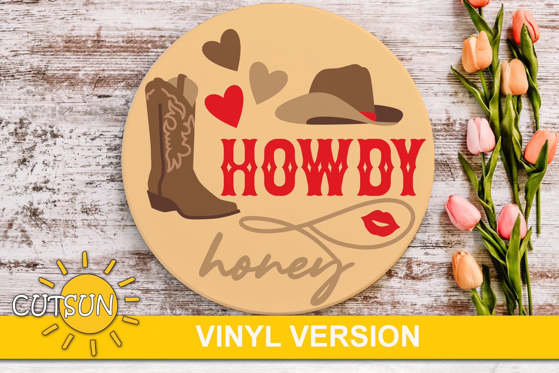 SVG digital download for use with laser cutters featuring a western design with a cowboy boot, a cowboy hat and a lasso and the words 'howdy honey'