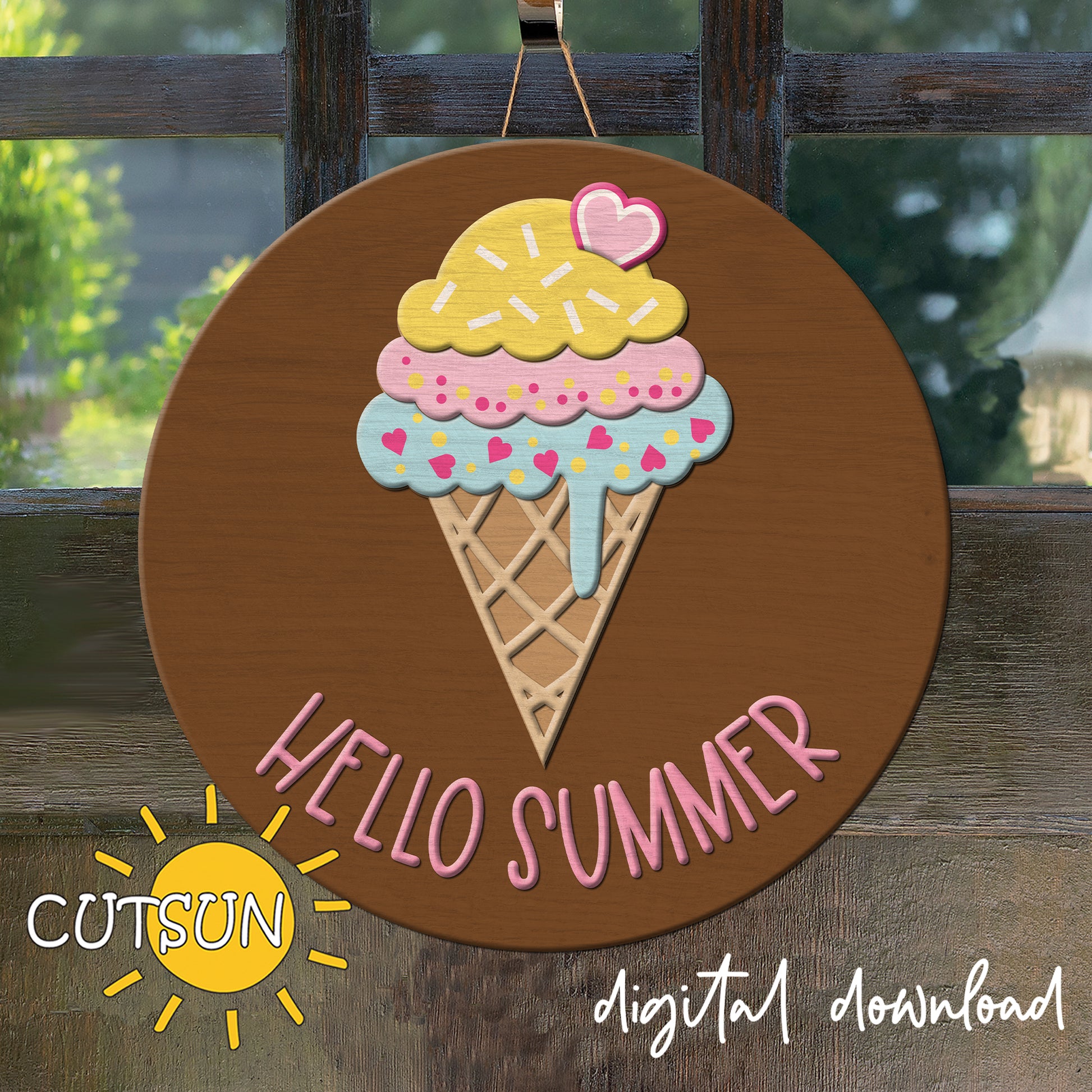 A digital download image of a round door hanger featuring a colorful ice cream cone with the text 'HELLO SUMMER' on it, appears to be designed for use with cutting machines like Cricut or Silhouette.