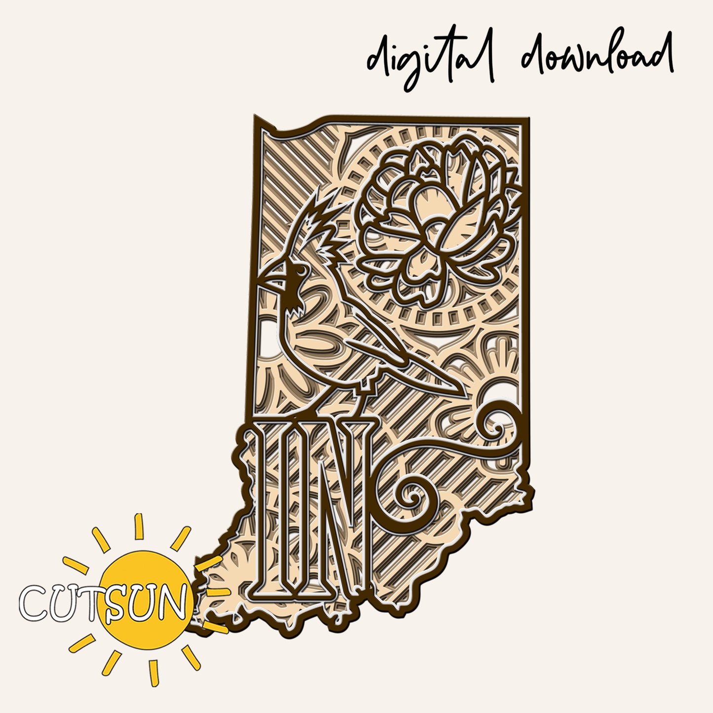 Decorative Indiana-shaped cutout with floral and bird design on a beige background, featuring 'CUTSUN' logo.