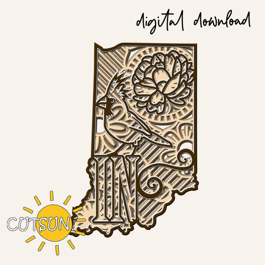 Decorative Indiana-shaped cutout with floral and bird design on a beige background, featuring 'CUTSUN' logo.