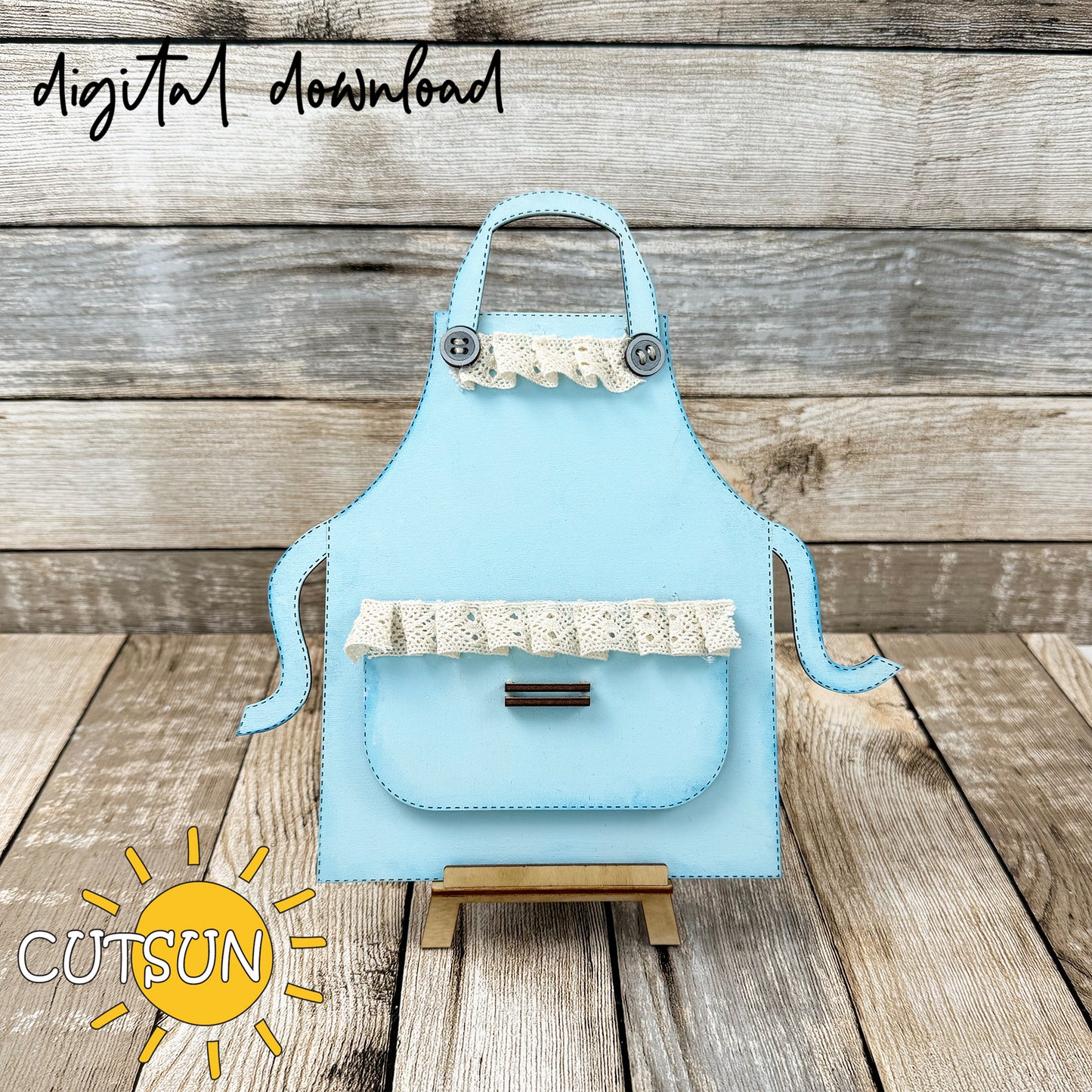 Interchangeable Apron SVG base file with optional laser-cut lace, suitable for rustic kitchen shelf sitter decor and tabletop display.
