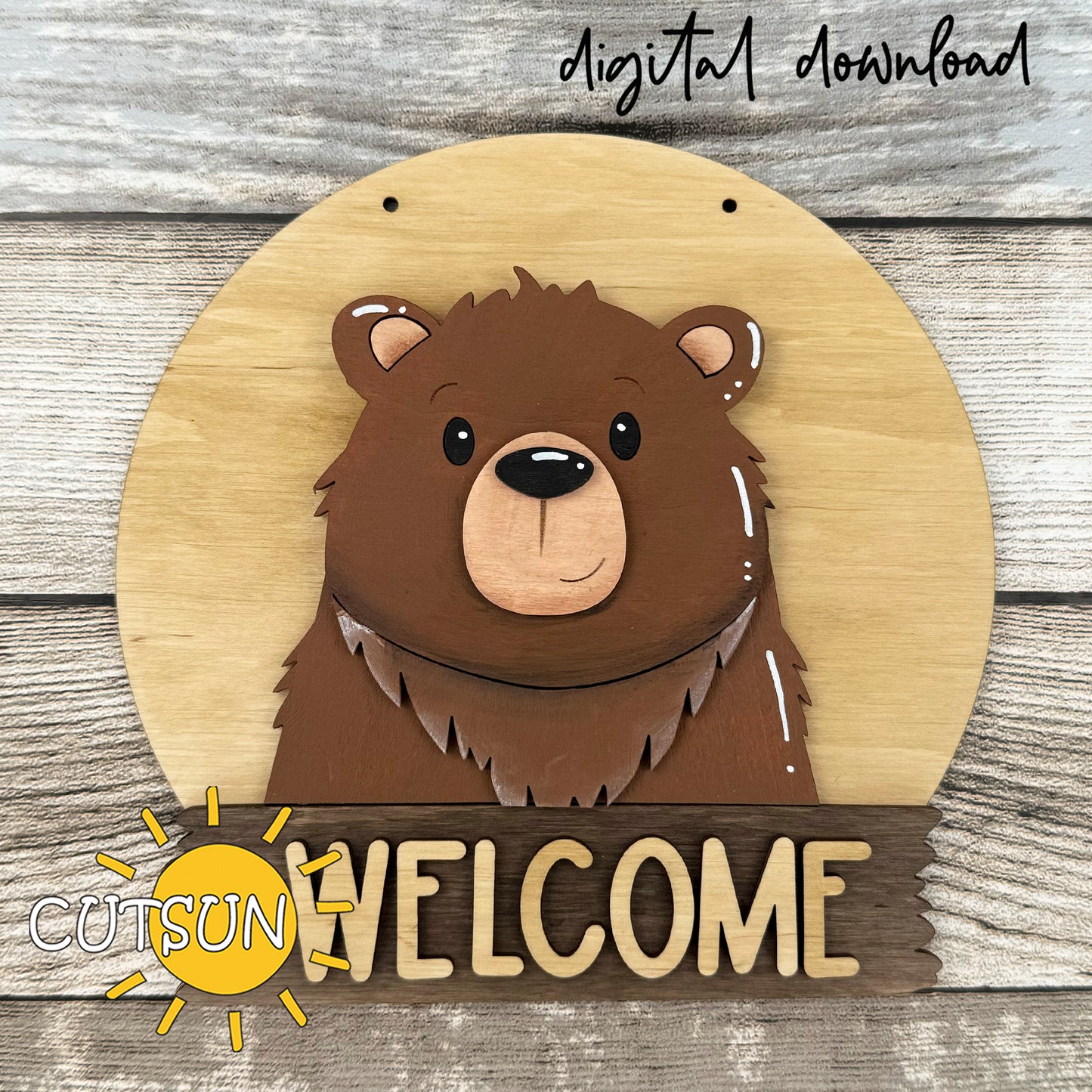 Bear Interchangeable Round Door Sign SVG – cute bear welcome sign laser cut file for farmhouse and animal-themed décor.