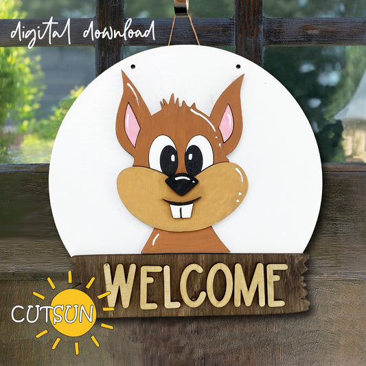 Digital download for a cute door hanger featuring a squirrel and the text Welcome.