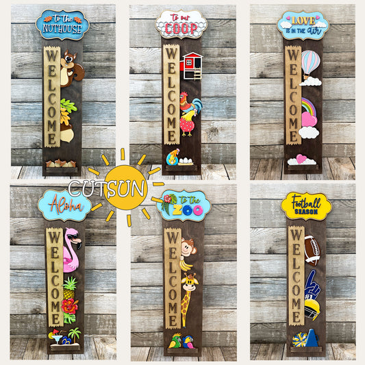 Interchangeable porch leaner SVG bundle with six themed add-ons including Aloha, zoo animals, squirrel, chicken coop, love balloon, and football.